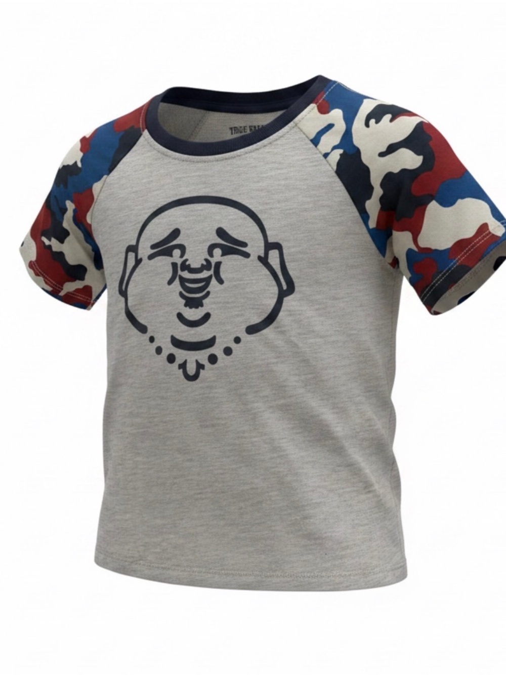 True Religion Light Gray Tee with Red & Blue Camo Raglan Sleeves